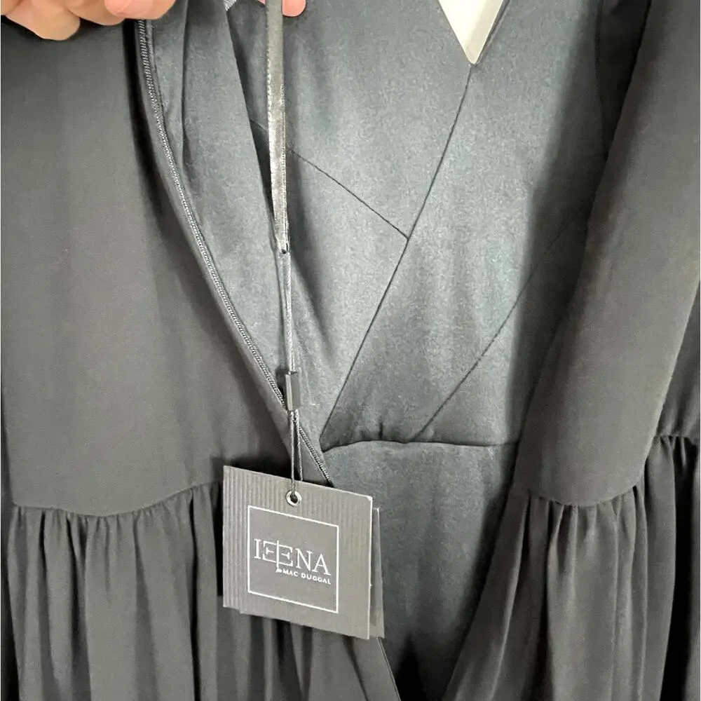 Ieena Mac Duggal Ruched V-Neck Tiered Midi Dress Chiffon Black Sz 14 NWT Chic